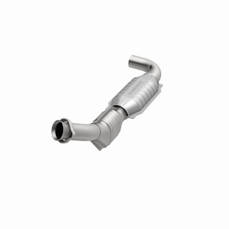 MagnaFlow 447131 carb direct-fit catalytic converter, opposite front three-quarter view of the turntable spin