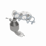 MagnaFlow 52548 oem grade manifold converter, opposite front three-quarter view of the turntable spin