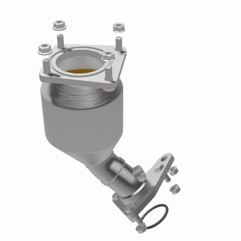 MagnaFlow 551129 carb direct-fit catalytic converter, opposite rear three-quarter view of the turntable spin