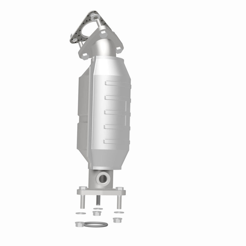 MagnaFlow 447199 carb direct-fit catalytic converter, rear three-quarter view of the turntable spin