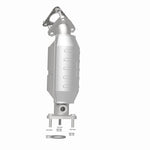 MagnaFlow 447199 carb direct-fit catalytic converter, rear three-quarter view of the turntable spin