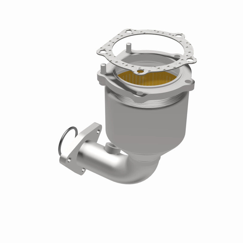 MagnaFlow 452231 carb direct-fit catalytic converter, opposite rear three-quarter view of the turntable spin