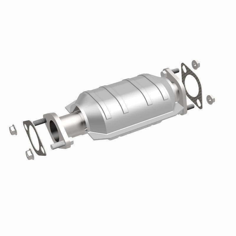 MagnaFlow 457001 carb direct-fit catalytic converter, front three-quarter view of the turntable spin