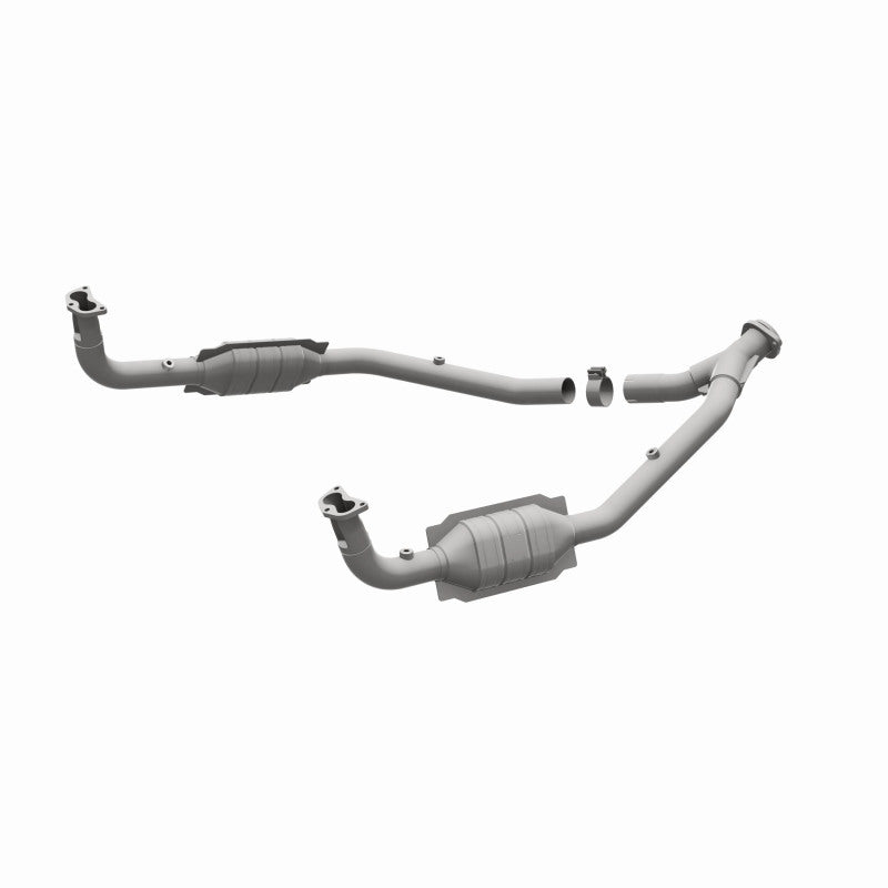 MagnaFlow 93690 hm grade direct-fit catalytic converter, front three-quarter view of the turntable spin