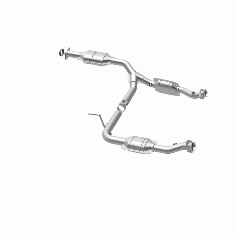 MagnaFlow 49575 oem grade direct-fit catalytic converter, opposite rear three-quarter view of the turntable spin