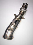A top view of Evolution Racewerks Sports Series 4" High Flow Catted Downpipe for B46 Engine (US Spec) in Brushed Finish