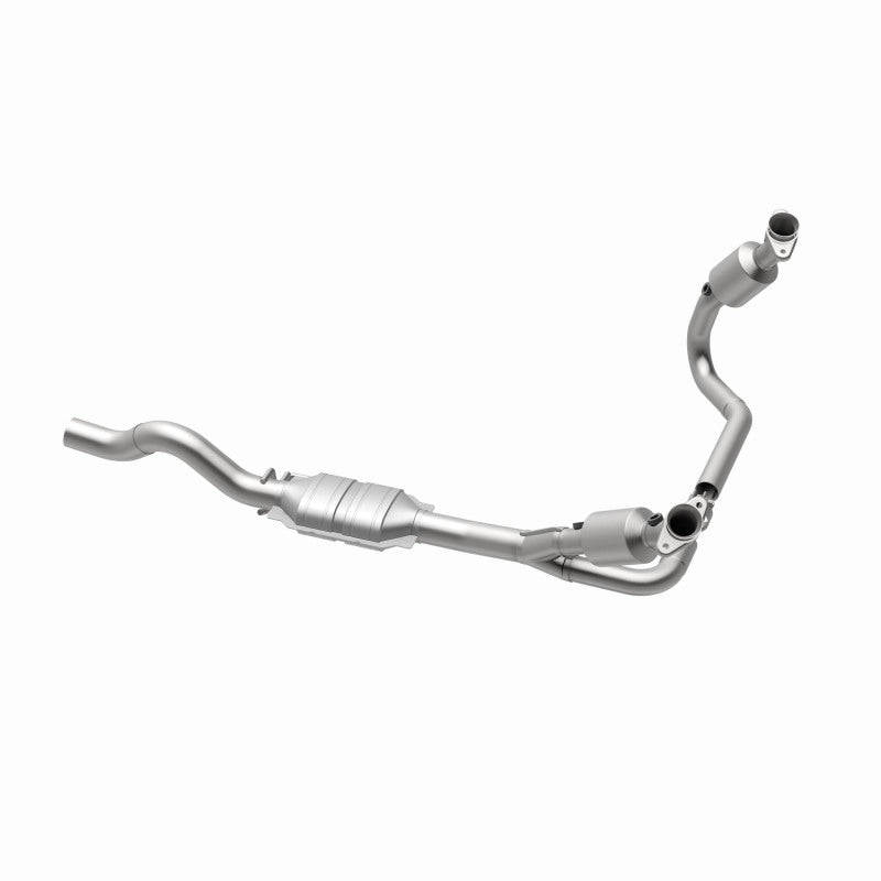 MagnaFlow 458012 carb direct-fit catalytic converter, opposite rear three-quarter view of the turntable spin