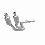 MagnaFlow 458053 carb direct-fit catalytic converter, front three-quarter view of the turntable spin