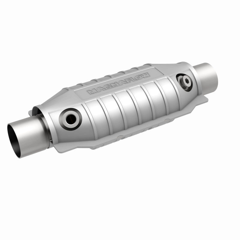 MagnaFlow 441064 universal catalytic converter, front three-quarter view of the turntable spin