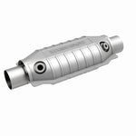 MagnaFlow 441064 universal catalytic converter, front three-quarter view of the turntable spin
