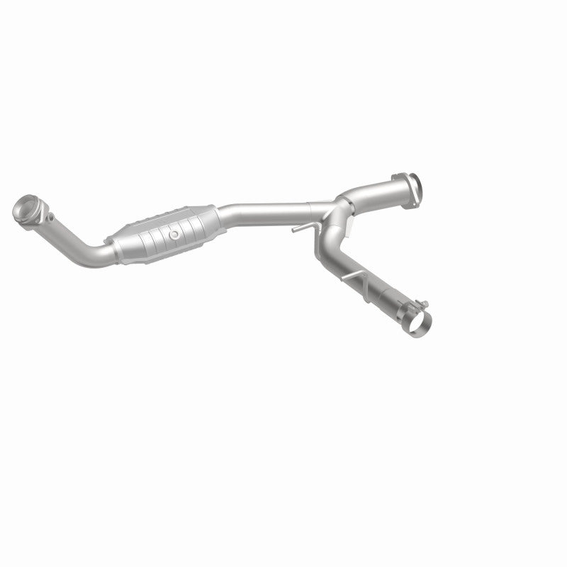 MagnaFlow 93125 hm grade direct-fit catalytic converter, front three-quarter view of the turntable spin