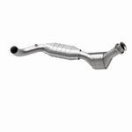 MagnaFlow 93428 hm grade direct-fit catalytic converter, opposite rear three-quarter view of the turntable spin