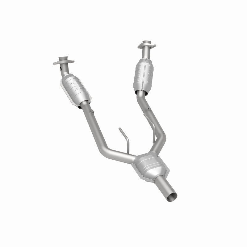 MagnaFlow 444080 carb direct-fit catalytic converter, rear three-quarter view of the turntable spin