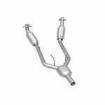 MagnaFlow 444080 carb direct-fit catalytic converter, rear three-quarter view of the turntable spin