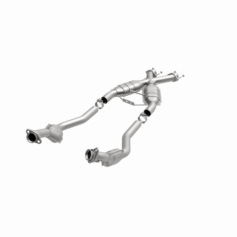MagnaFlow 337339 carb direct-fit catalytic converter, opposite front three-quarter view of the turntable spin