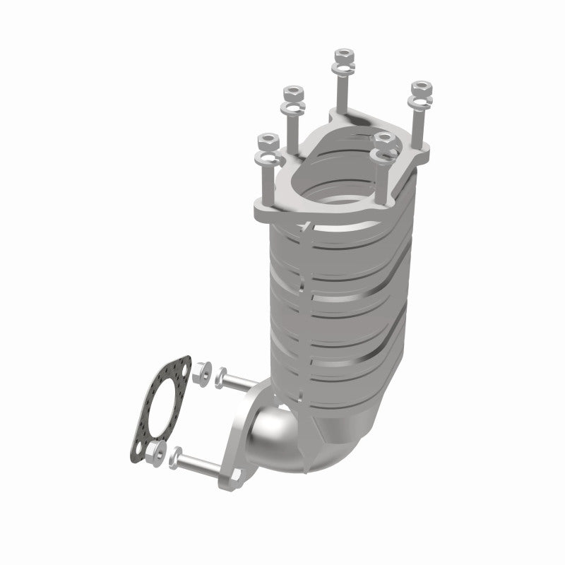 MagnaFlow 452842 carb direct-fit catalytic converter, opposite rear three-quarter view of the turntable spin