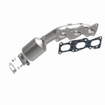 MagnaFlow 52778 oem grade manifold converter, opposite front three-quarter view of the turntable spin