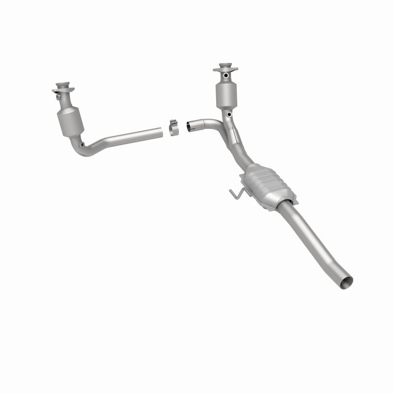 MagnaFlow 458043 carb direct-fit catalytic converter, rear three-quarter view of the turntable spin