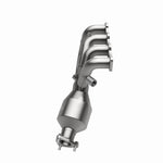 MagnaFlow 452028 carb manifold converter, rear three-quarter view of the turntable spin