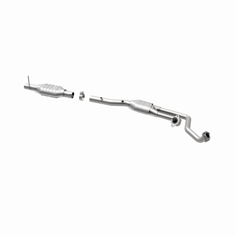 MagnaFlow 447245 carb direct-fit catalytic converter, opposite rear three-quarter view of the turntable spin
