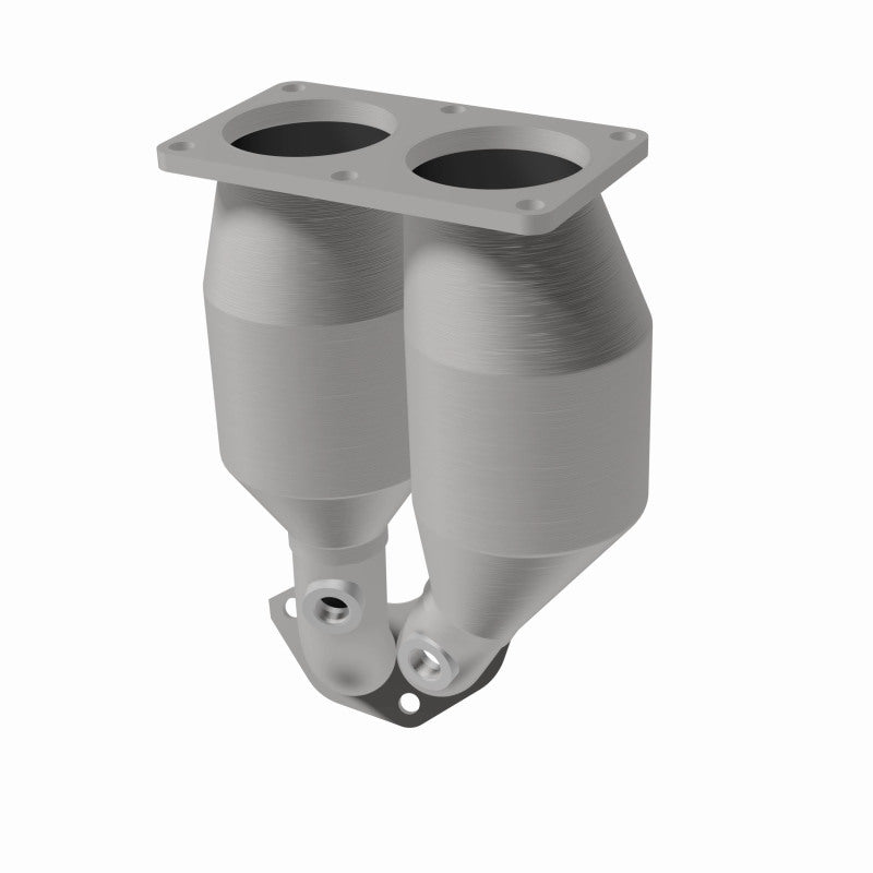 MagnaFlow 23549 hm grade direct-fit catalytic converter, opposite front three-quarter view of the turntable spin