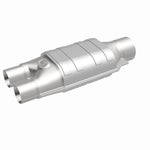 MagnaFlow 99047HM universal catalytic converter, front three-quarter view of the turntable spin