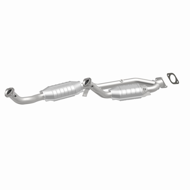 MagnaFlow 23543 hm grade direct-fit catalytic converter, front three-quarter view of the turntable spin