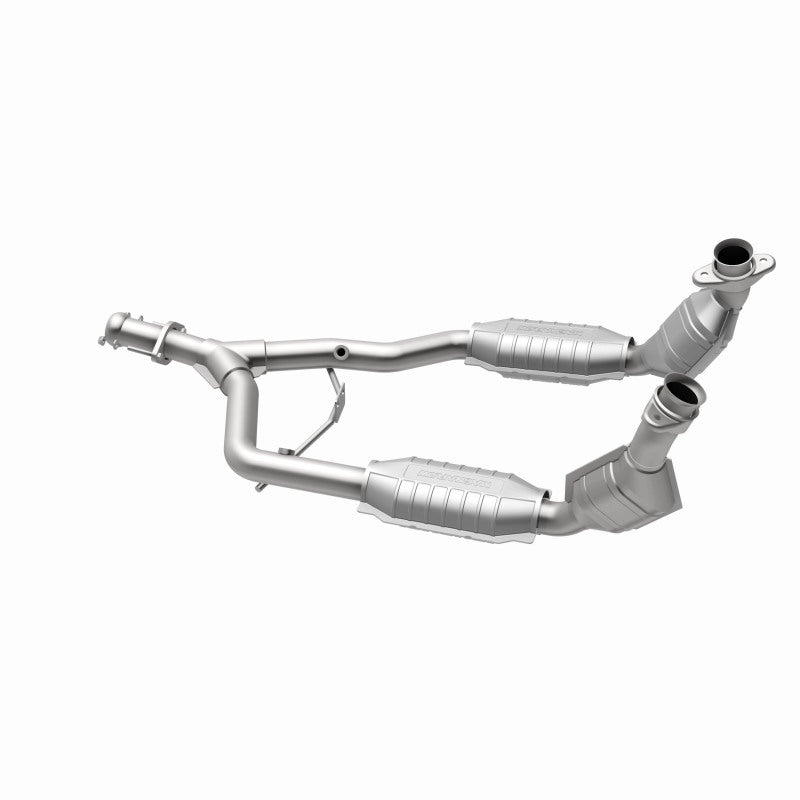 MagnaFlow 444064 carb direct-fit catalytic converter, opposite rear three-quarter view of the turntable spin