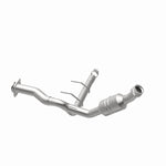 MagnaFlow 5551139 carb direct-fit catalytic converter, opposite rear three-quarter view of the turntable spin