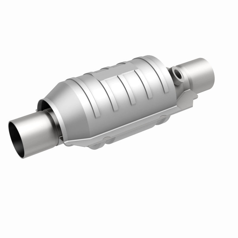 MagnaFlow 441235 universal catalytic converter, front three-quarter view of the turntable spin