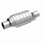 MagnaFlow 441235 universal catalytic converter, front three-quarter view of the turntable spin