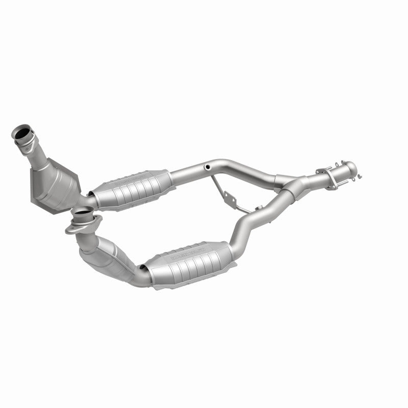 MagnaFlow 444064 carb direct-fit catalytic converter, front three-quarter view of the turntable spin