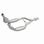 MagnaFlow 444064 carb direct-fit catalytic converter, front three-quarter view of the turntable spin