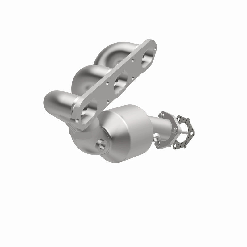 MagnaFlow 5411930 carb direct-fit catalytic converter, opposite front three-quarter view of the turntable spin