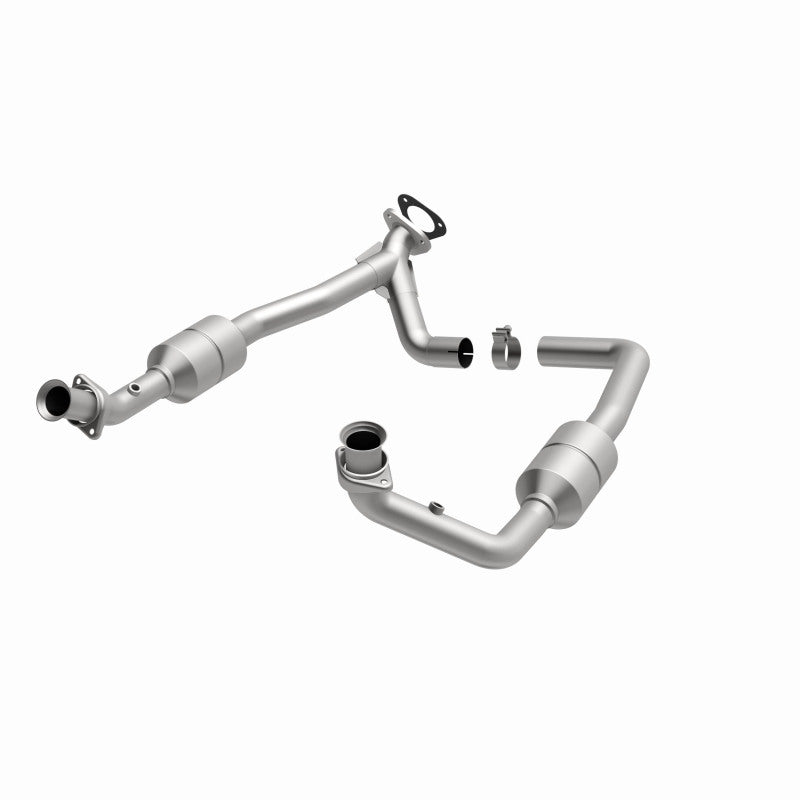 MagnaFlow 447378 carb direct-fit catalytic converter, opposite front three-quarter view of the turntable spin