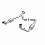 MagnaFlow 447378 carb direct-fit catalytic converter, opposite front three-quarter view of the turntable spin