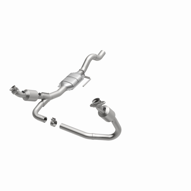 MagnaFlow 458012 carb direct-fit catalytic converter, opposite front three-quarter view of the turntable spin