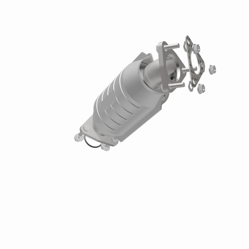 MagnaFlow 447199 carb direct-fit catalytic converter, opposite rear three-quarter view of the turntable spin