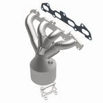 MagnaFlow 49272 oem grade manifold converter, opposite front three-quarter view of the turntable spin