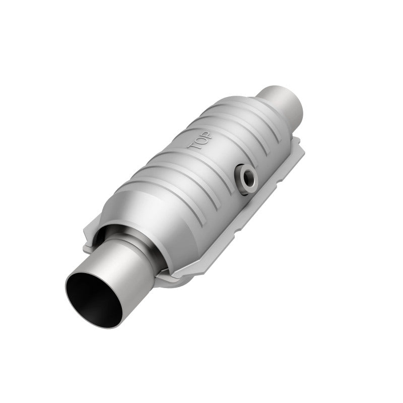 MagnaFlow 451255 universal catalytic converter, opposite front three-quarter view of the turntable spin