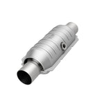 MagnaFlow 451255 universal catalytic converter, opposite front three-quarter view of the turntable spin