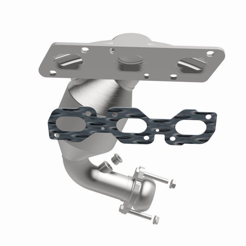MagnaFlow 49376 oem grade manifold converter, opposite front three-quarter view of the turntable spin