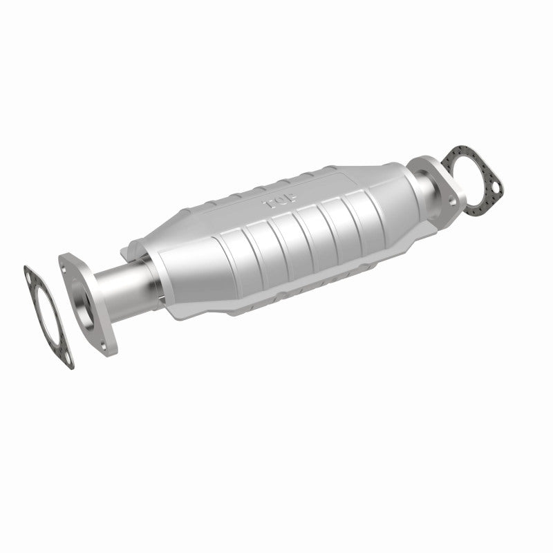 MagnaFlow 447210 carb direct-fit catalytic converter, front three-quarter view of the turntable spin