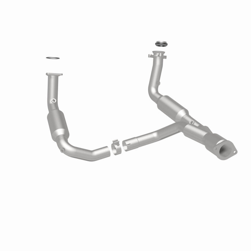 MagnaFlow 5451650 carb direct-fit catalytic converter, rear three-quarter view of the turntable spin
