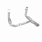 MagnaFlow 5451650 carb direct-fit catalytic converter, rear three-quarter view of the turntable spin