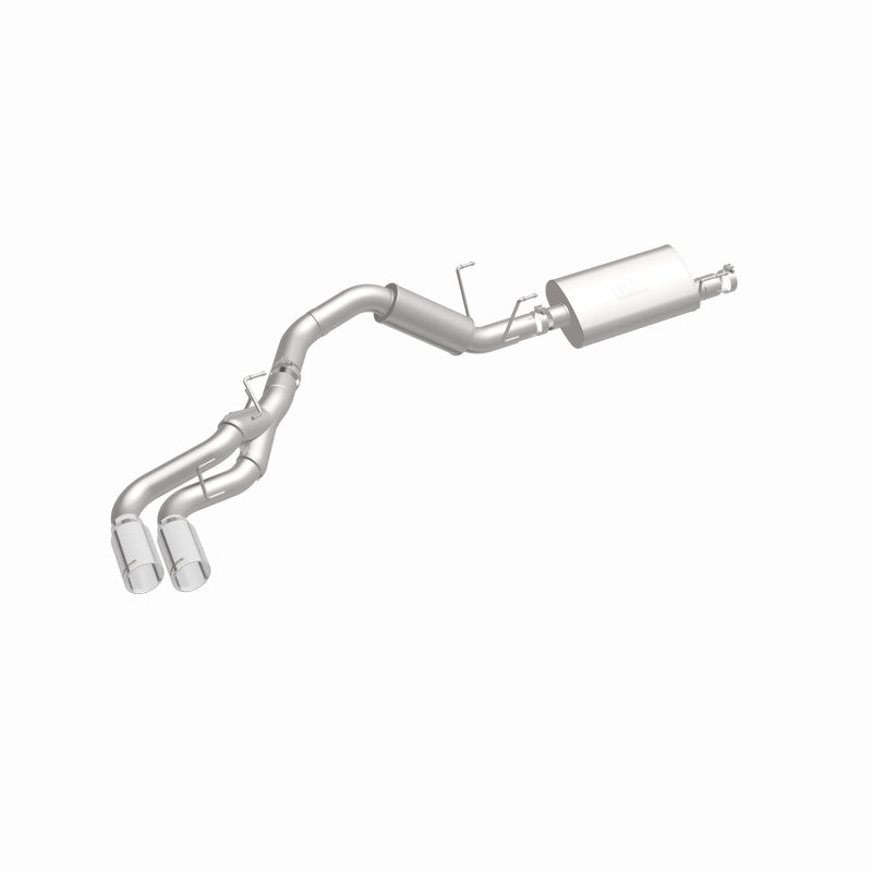 MagnaFlow 15333 street series cat-back exhaust, front three-quarter view of the turntable spin