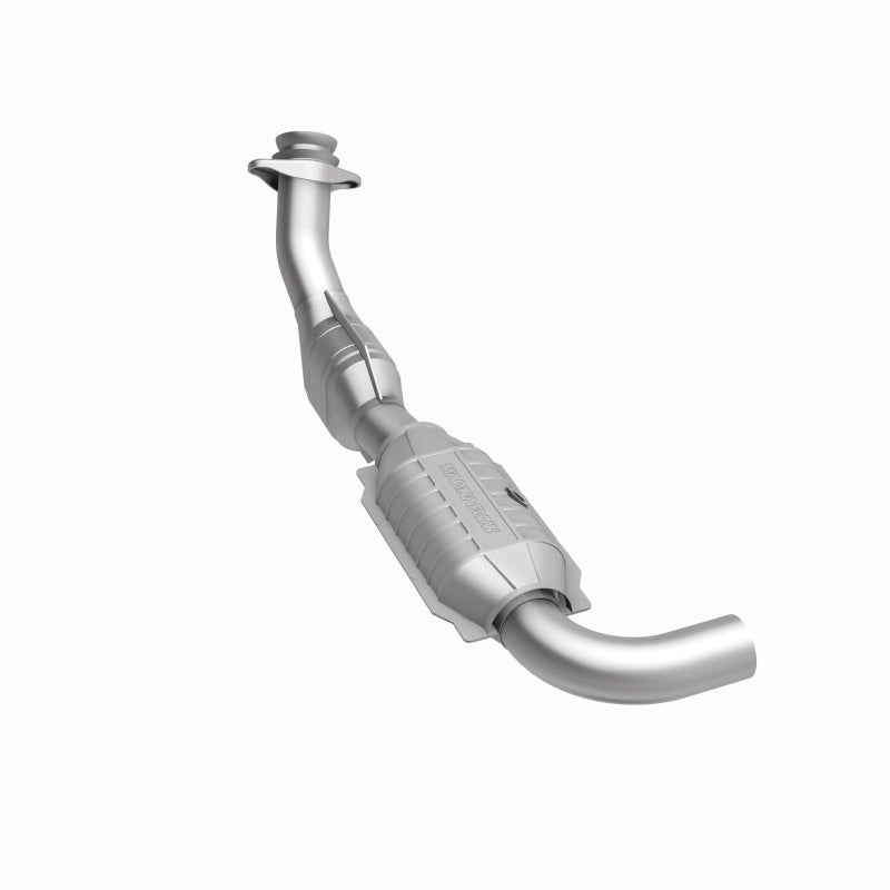 MagnaFlow 458031 carb direct-fit catalytic converter, rear three-quarter view of the turntable spin