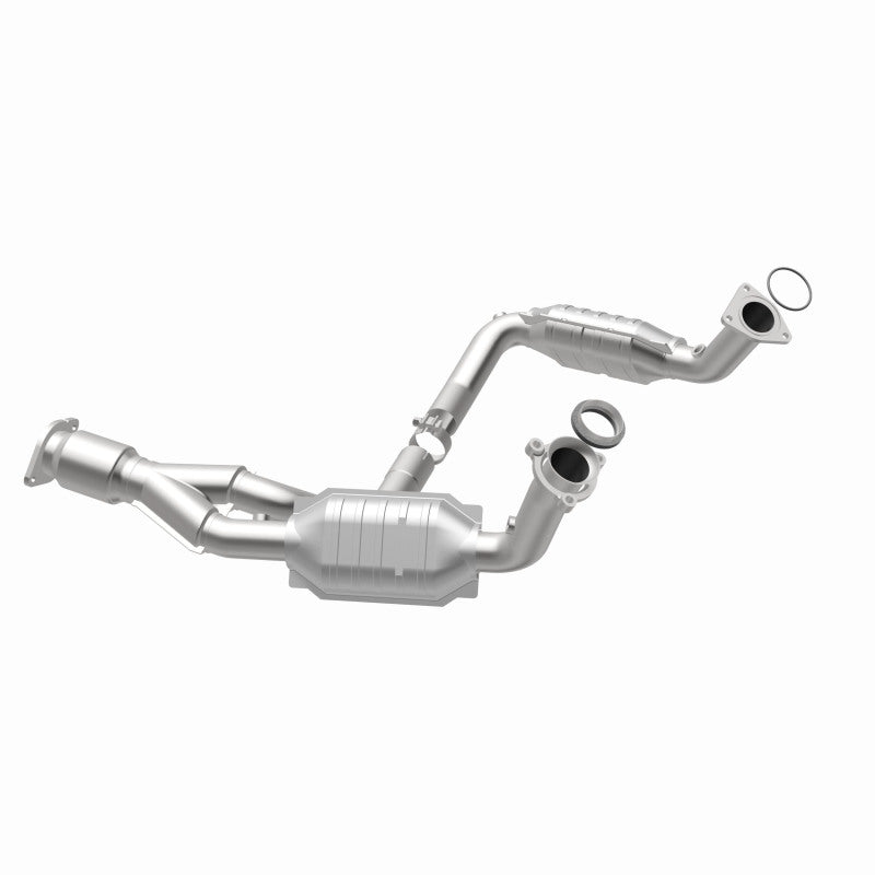 MagnaFlow 49650 oem grade direct-fit catalytic converter, opposite rear three-quarter view of the turntable spin