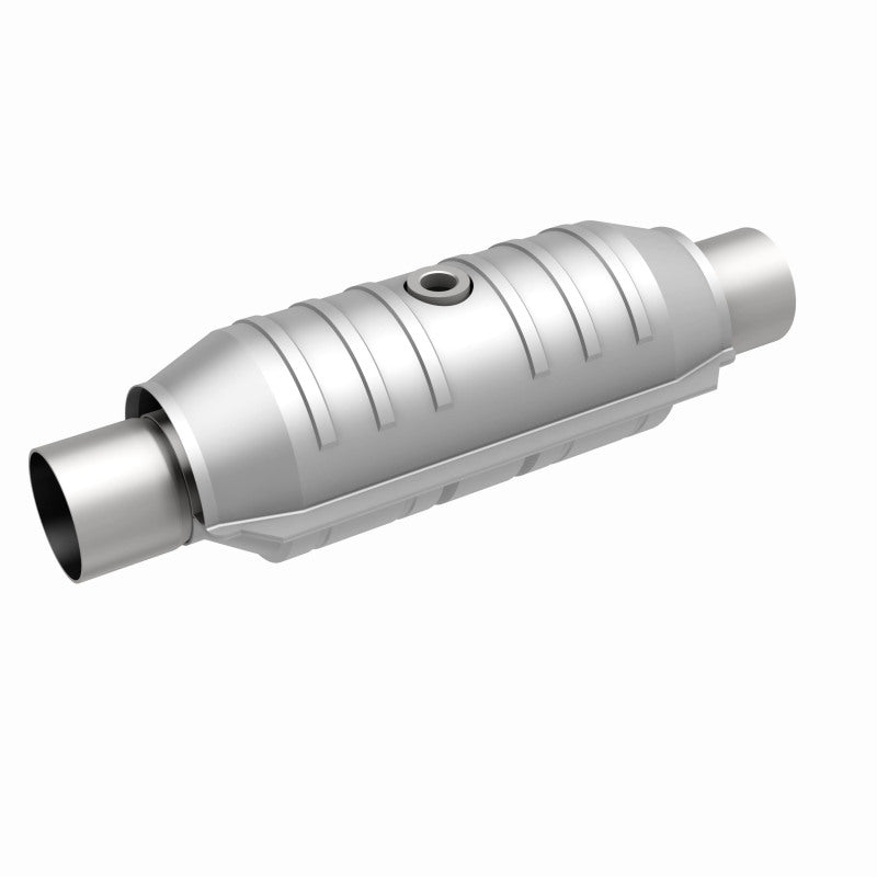 MagnaFlow 408055 universal catalytic converter, front three-quarter view of the turntable spin