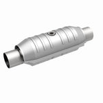 MagnaFlow 408055 universal catalytic converter, front three-quarter view of the turntable spin